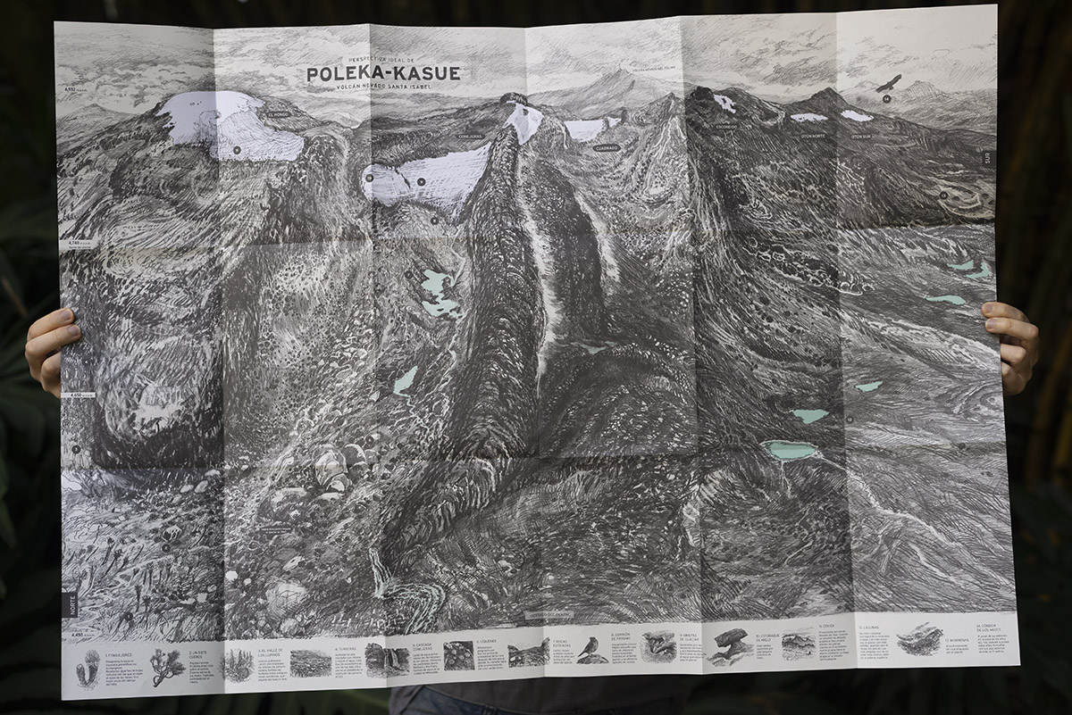 Perspectiva ideal de Poleka-Kasue / Cartografía del Volcán Nevado Santa Isabel