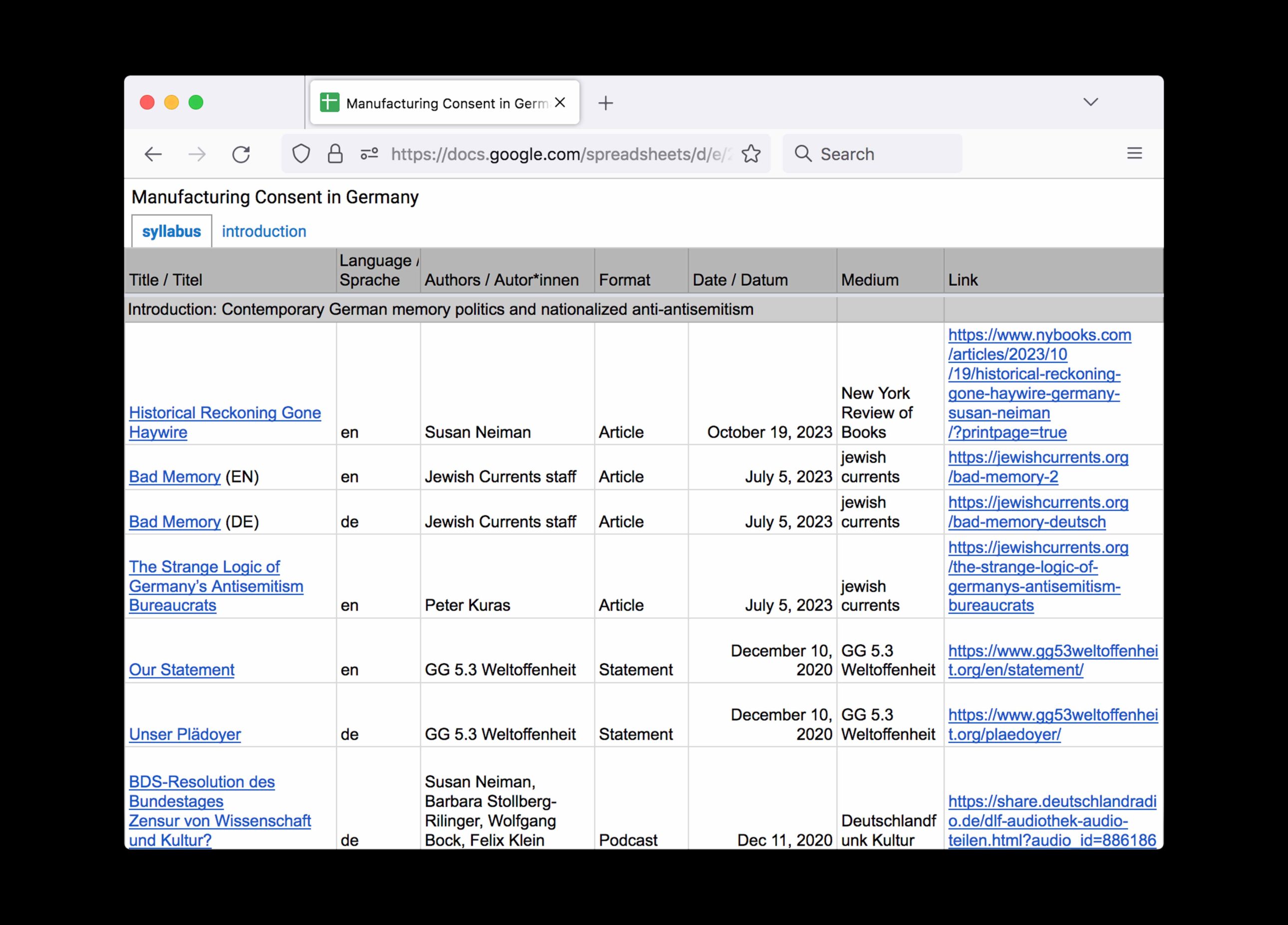 Manufacturing Consent in Germany: A Syllabus